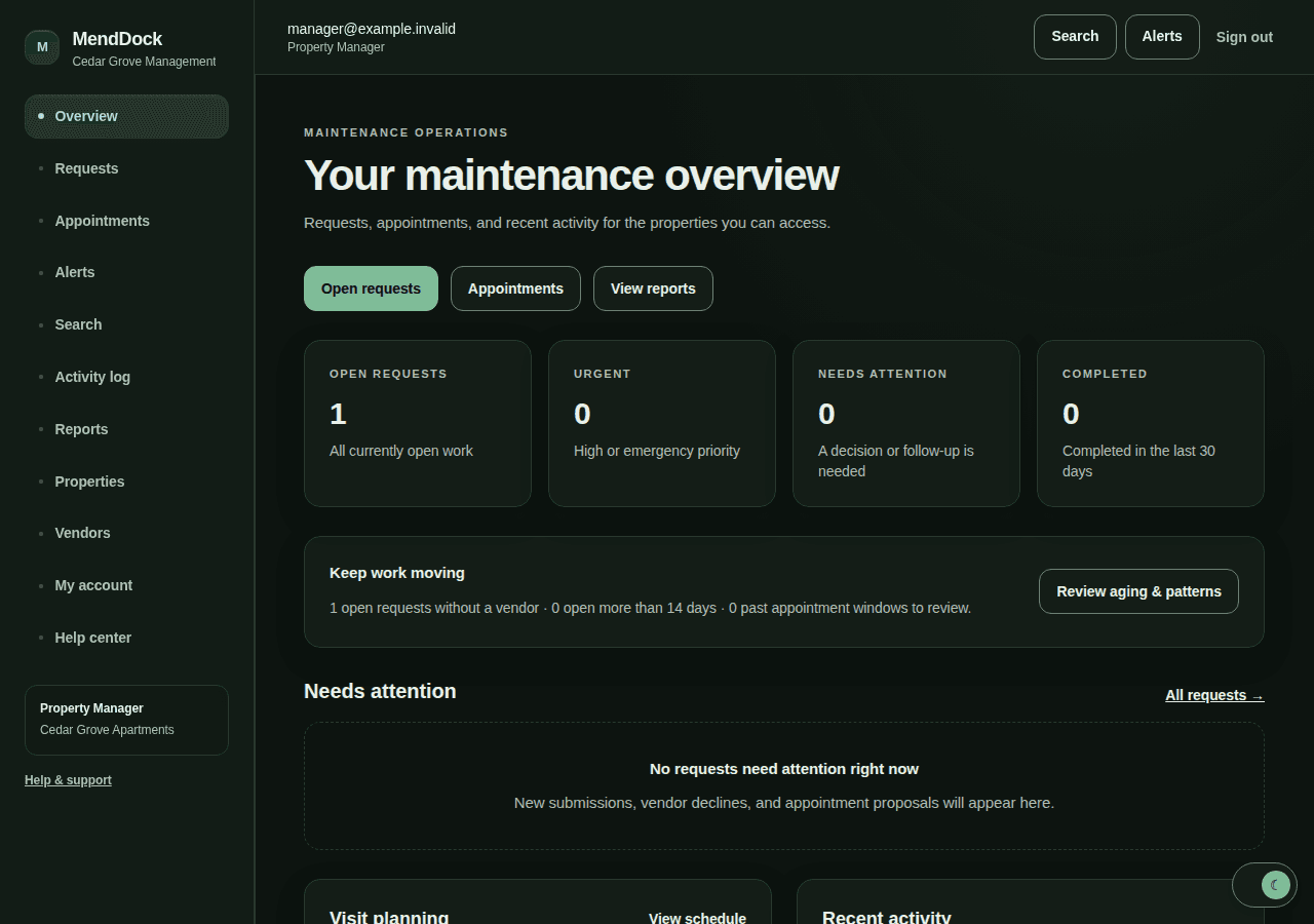 Dark-theme MendDock manager dashboard with fictional maintenance records and appointments.