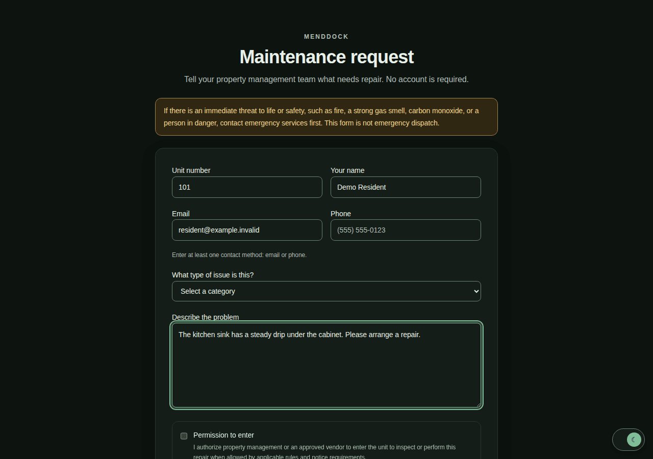 MendDock tenant maintenance form with a fictional Unit 101 kitchen sink request, contact fields and safety guidance.