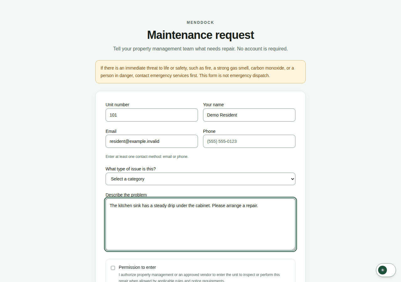 MendDock tenant maintenance form with a fictional Unit 101 kitchen sink request, contact fields and safety guidance.